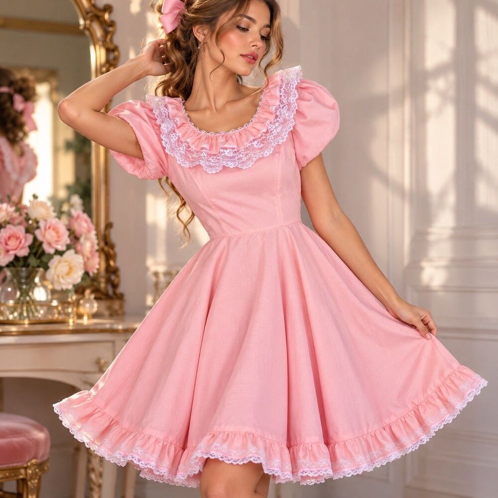 Vintage Kate Schorer Pink Lace Puff Sleeve Fit & Flare Dress USA Romantic